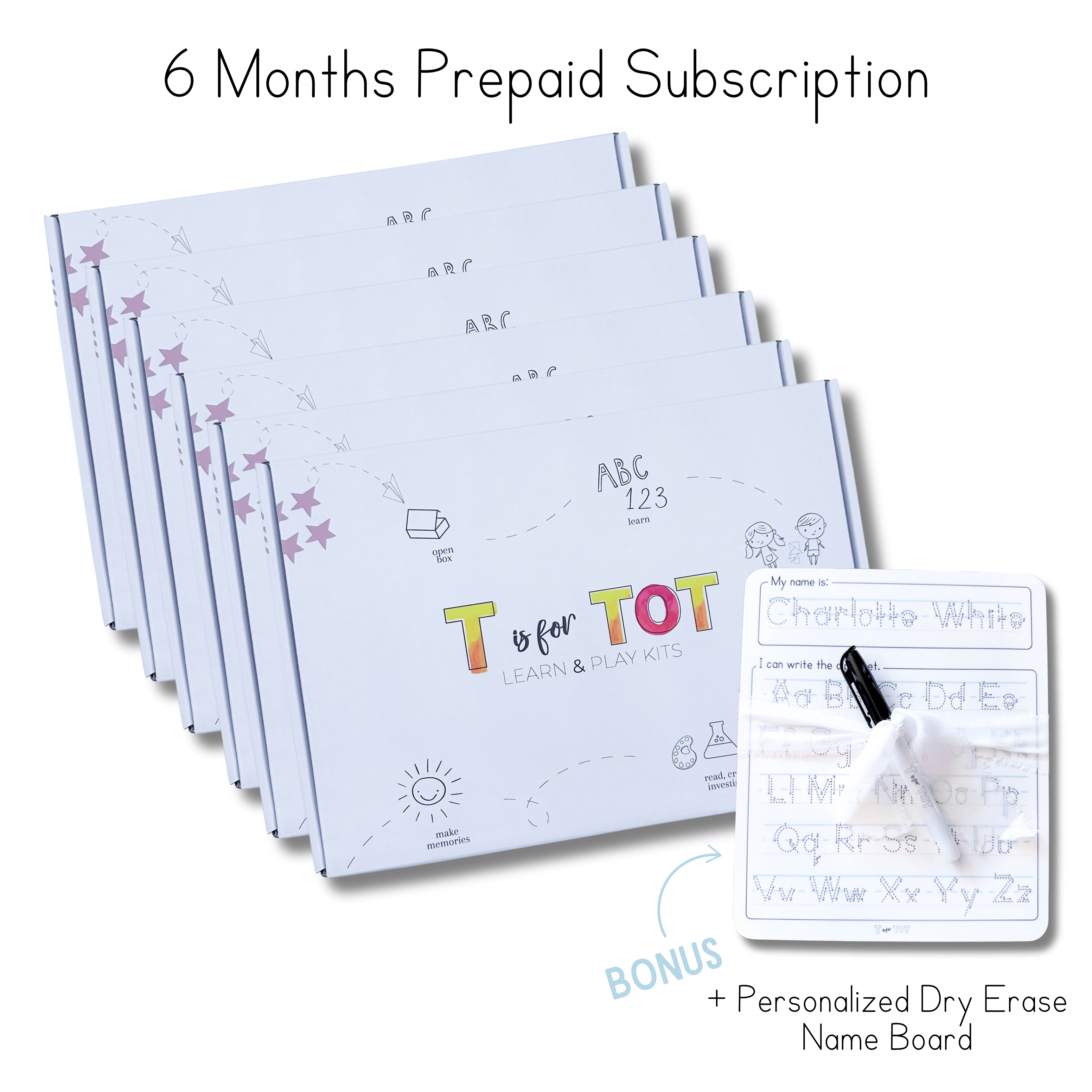Prepaid 6 months subscription kits for kids, featuring diverse learning tools and a personalized dry erase name board.